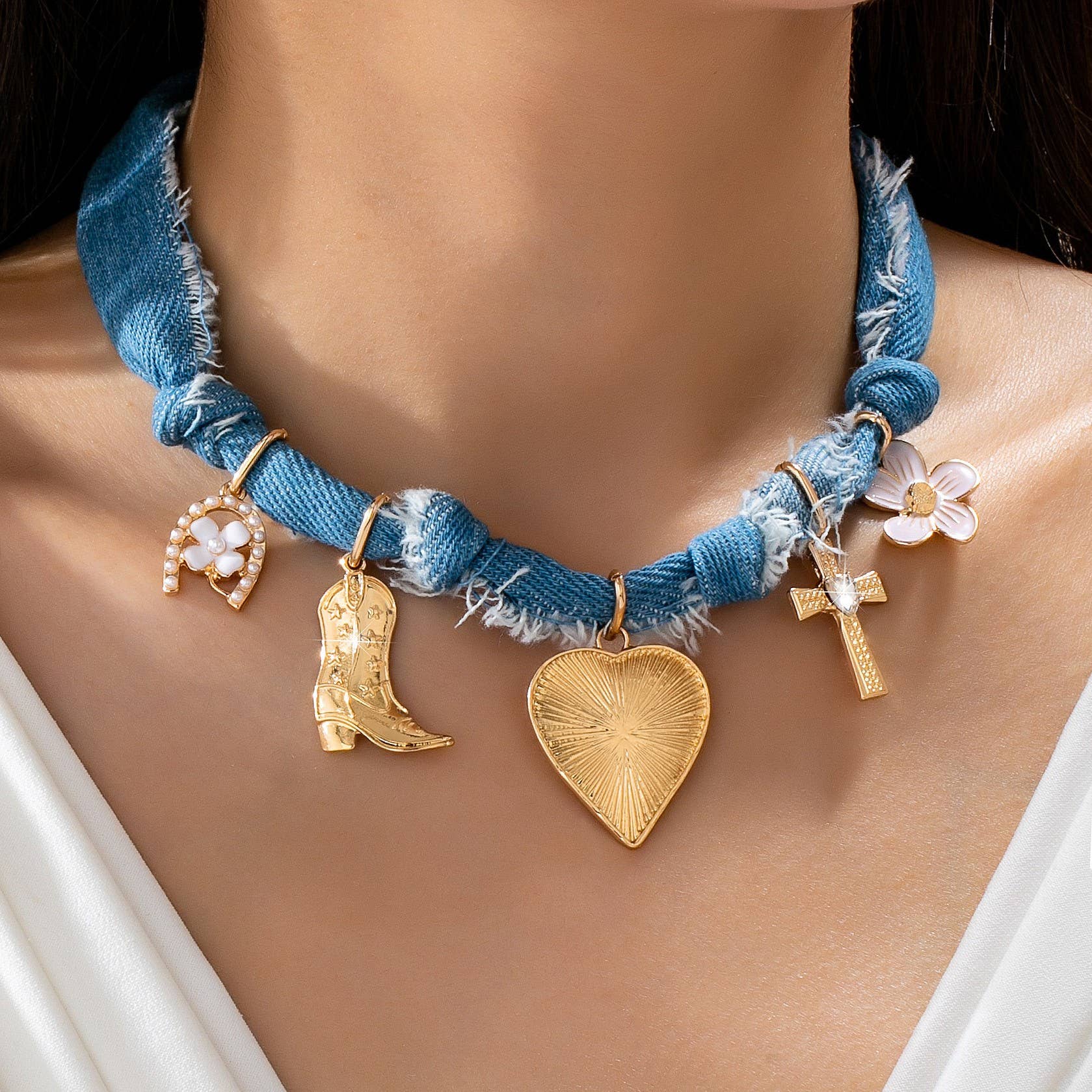 Western Denim Cowboy Boot & Cross Charm Necklace, Feathered Farmhouse