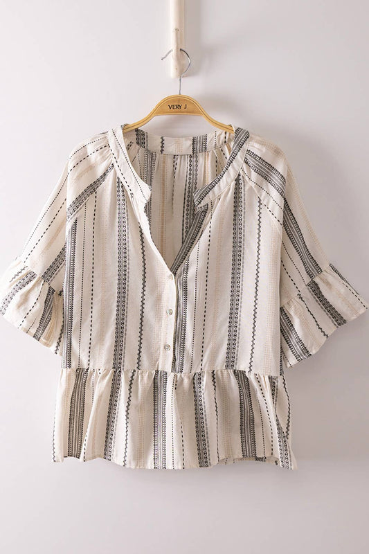 Striped Half Bell Sleeve Blouse Top, Feathered Farmhouse