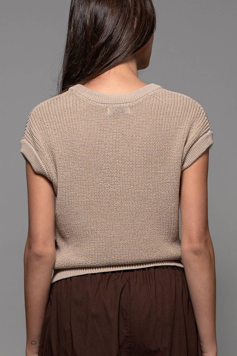 Textured Ribbed Crew Neck Capped Sleeve Top, Feathered Farmhouse