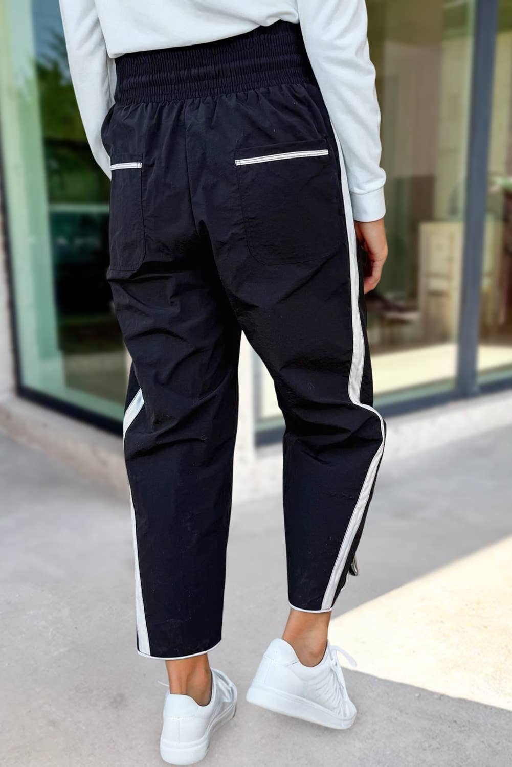 Stripe Smocked Waist Drawstring Cropped Pants, Feathered Farmhouse