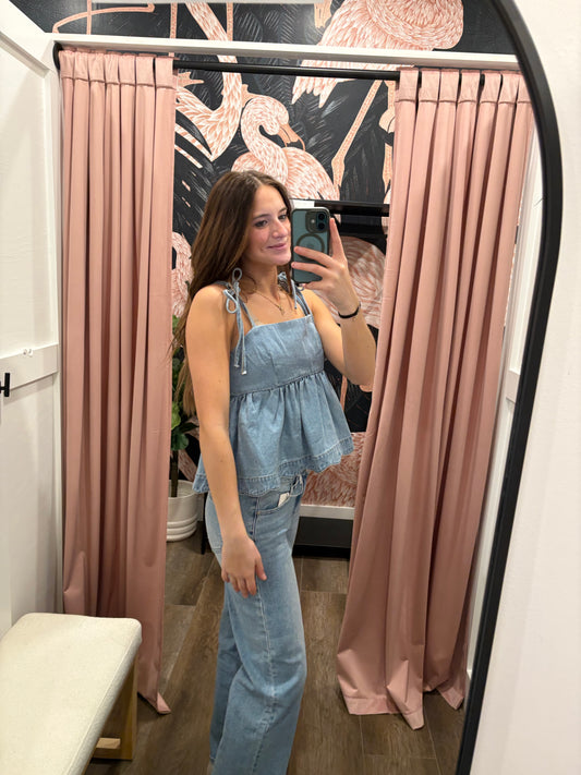 Denim Tie-Strap Peplum Top