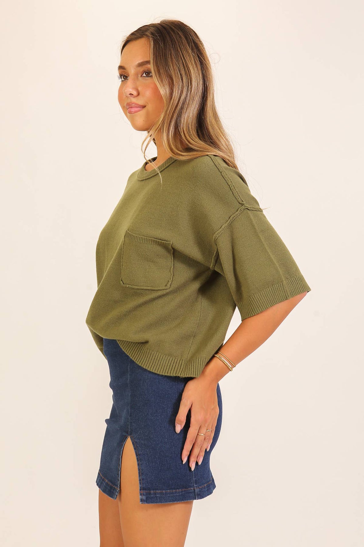Olive Clara Pocket Knit Sweater, Feathered Farmhouse