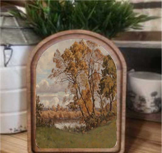 Fall Landscape Framed Art Arch Top, Feathered Farmhouse