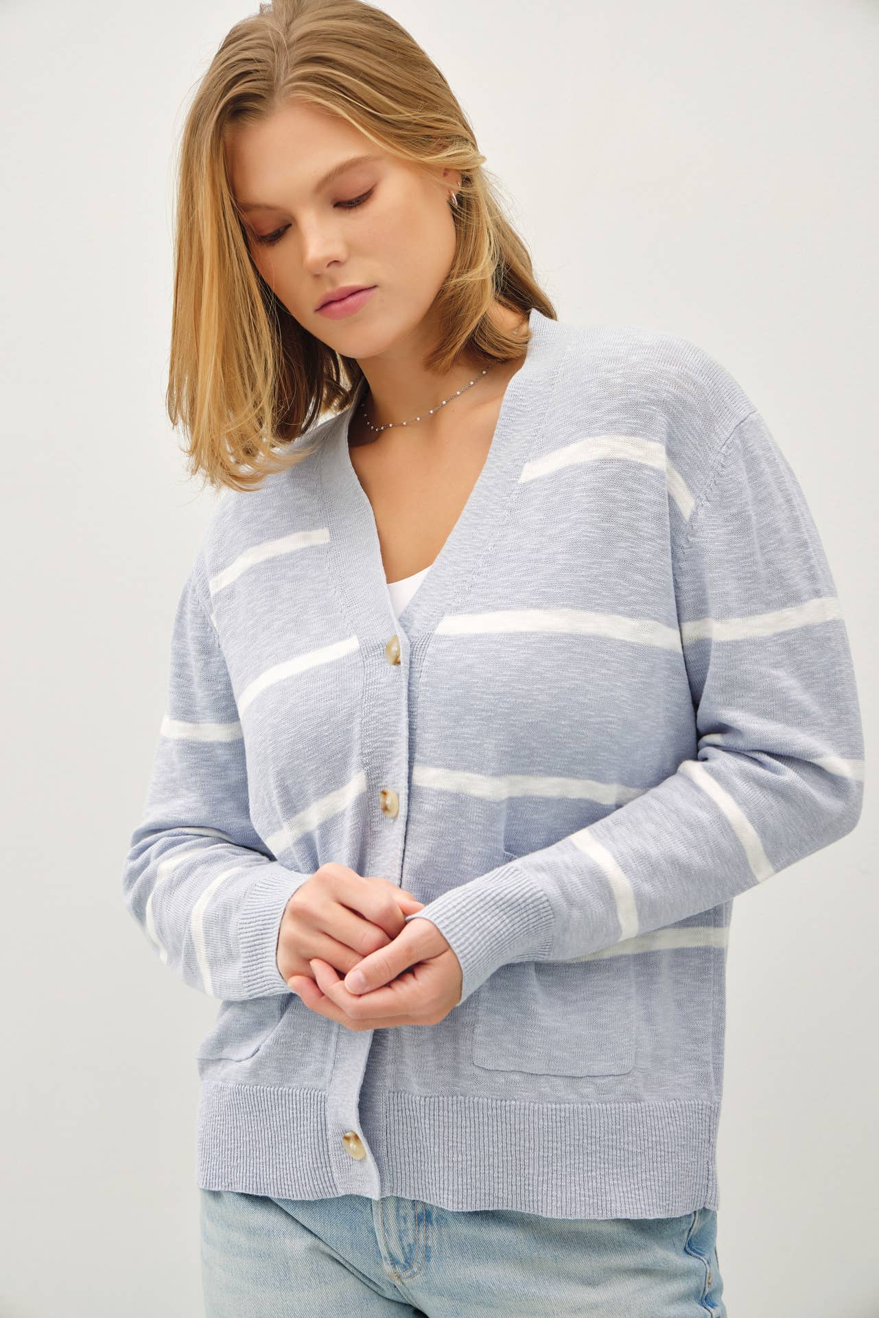 Stripe V-Neck Cardigan, Feathered Farmhouse