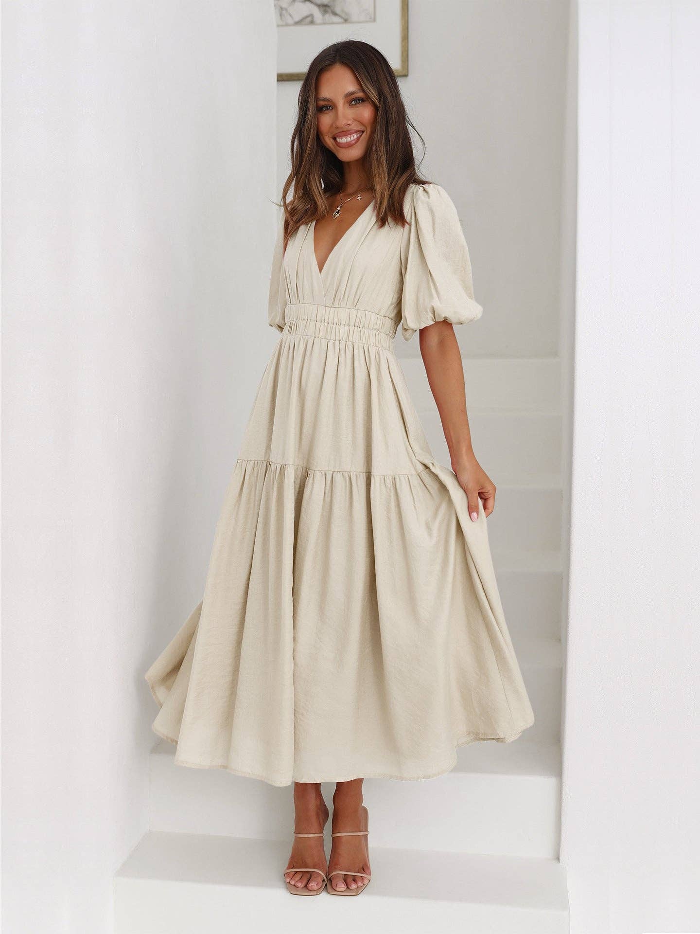 Amy V-Neck Daily Midi Dress, Feathered Farmhouse