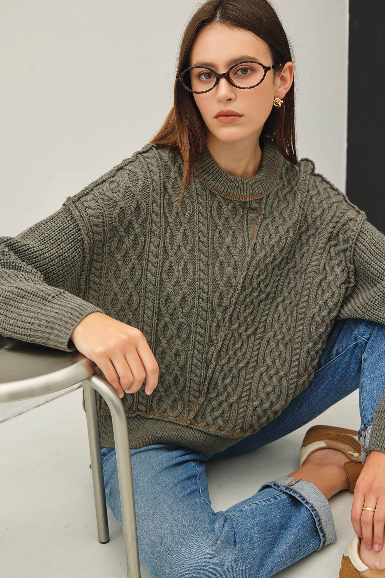 Contrast Stitching Wool Cable Knit Sweater, Feathered Farmhouse