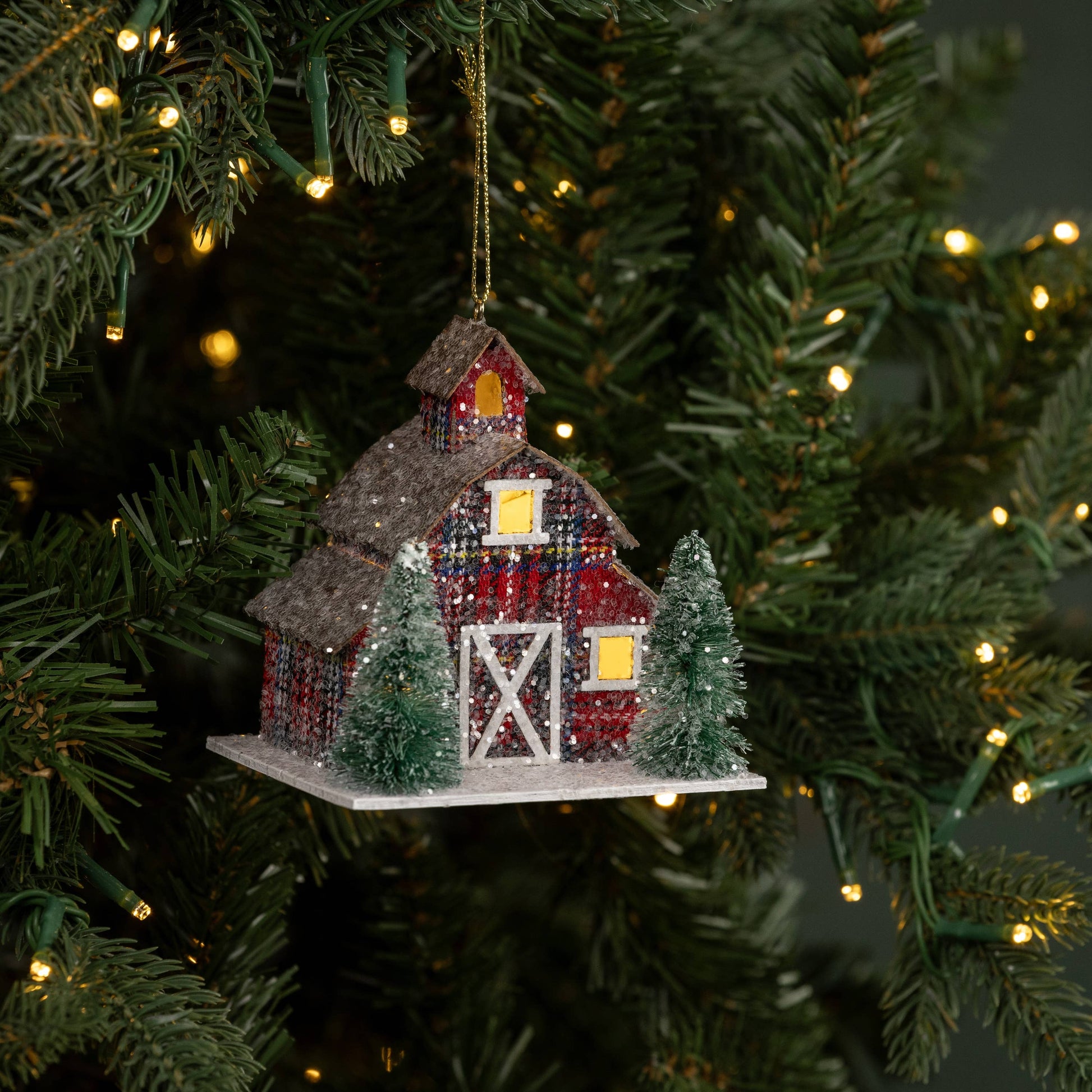 Plaid Lighted Barn Ornament, Feathered Farmhouse