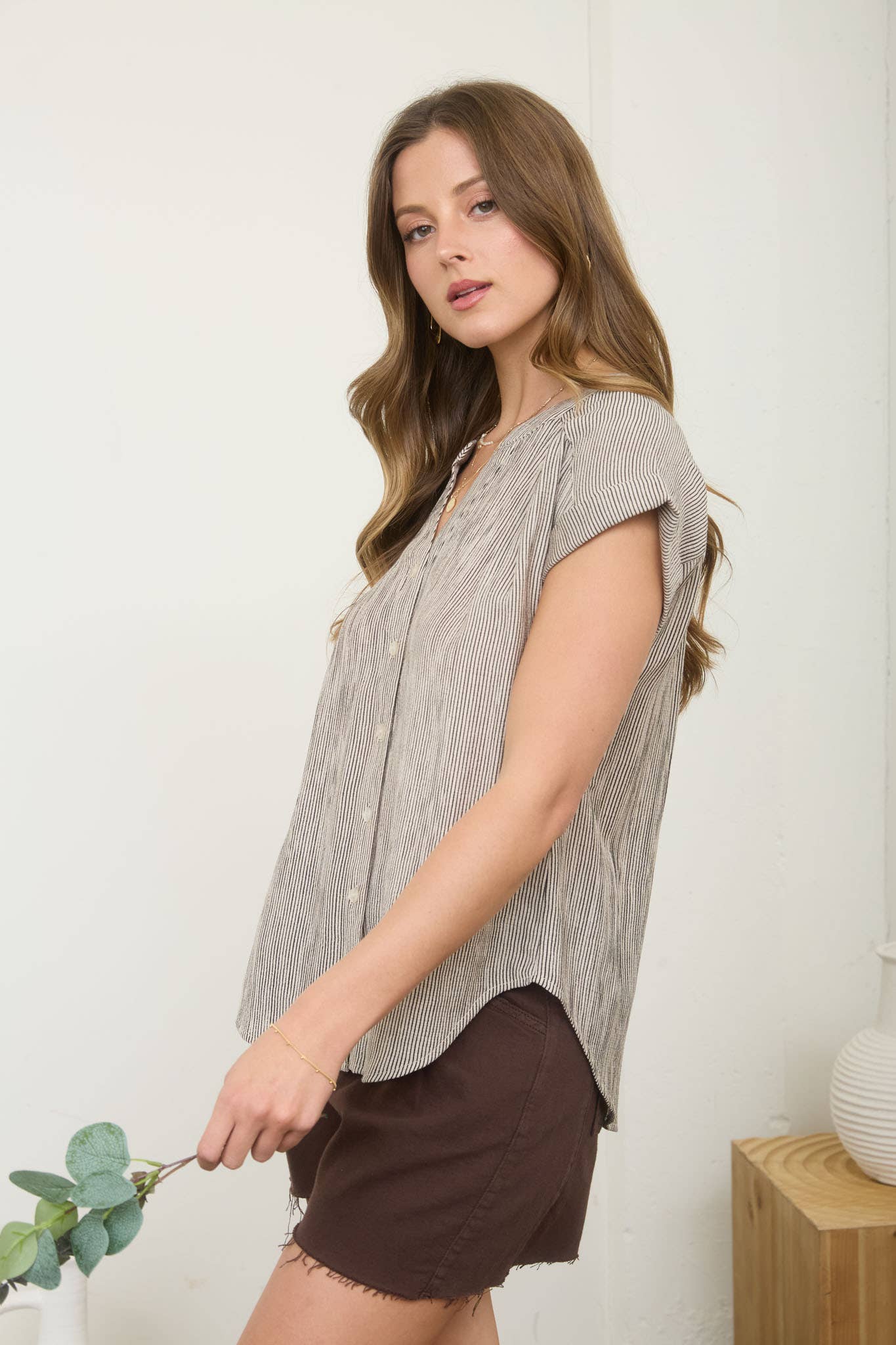 Mocha Pinstripe Shirt, Feathered Farmhouse