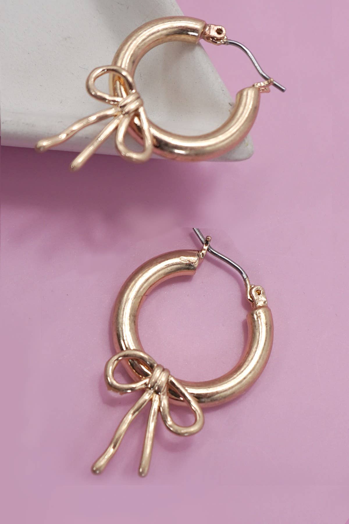 Gold Bow Puffy Hoop Earrings, Feathered Farmhouse