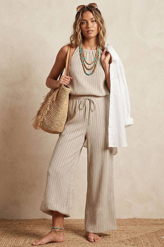 Striped Drawstring Wide Leg Pants, Feathered Farmhouse