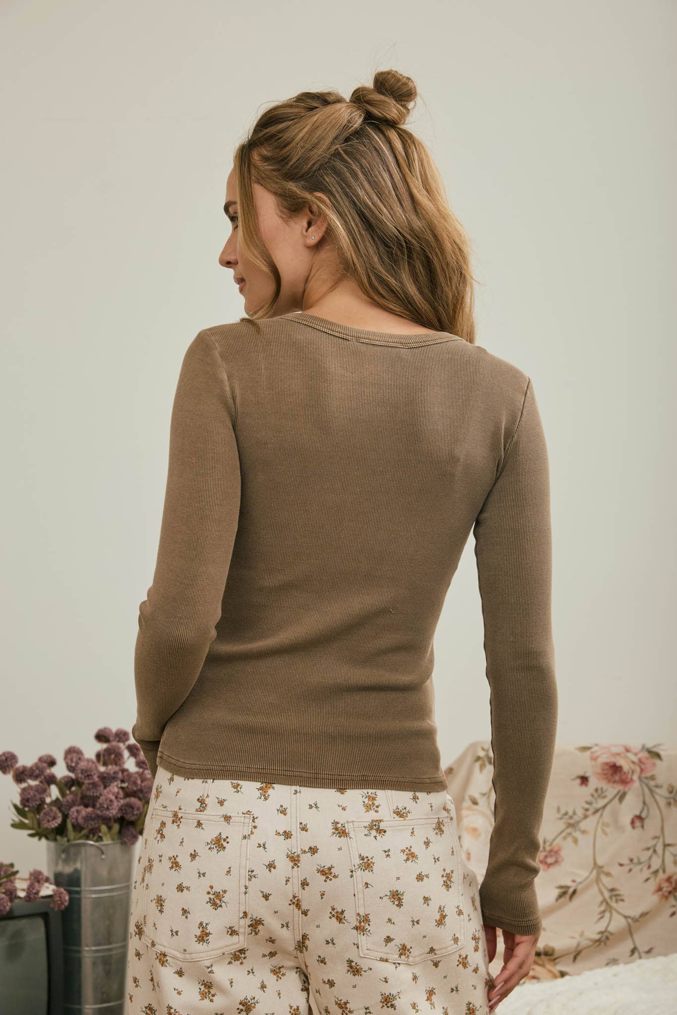 Button Front Round Neck Long Sleeve Knit Top, Feathered Farmhouse 