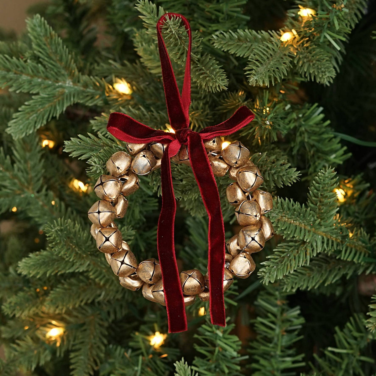 Golden Bell with Burgundy Ribbon Ornament, The Feathered Farmhouse