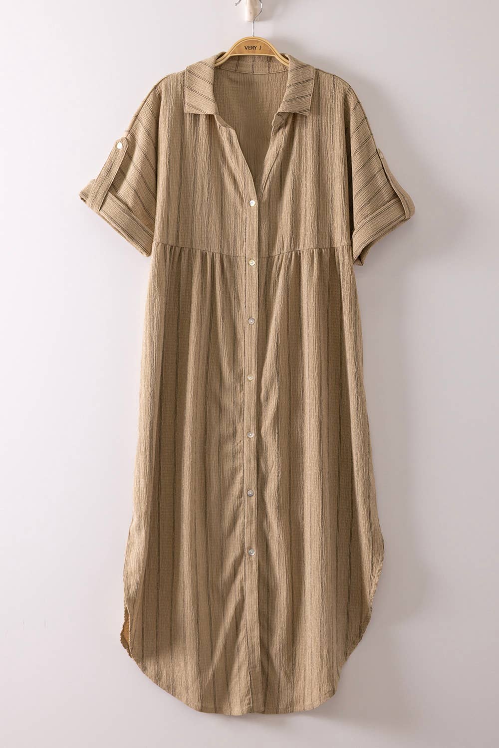 Taupe Striped Linen Midi Button Down Shirt Dress, Feathered Farmhouse