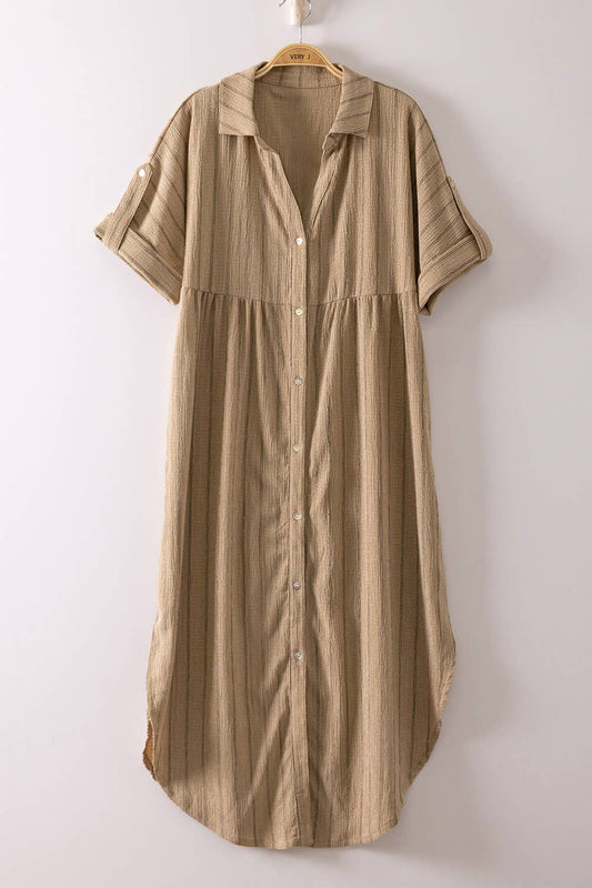 Taupe Striped Linen Midi Button Down Shirt Dress, Feathered Farmhouse
