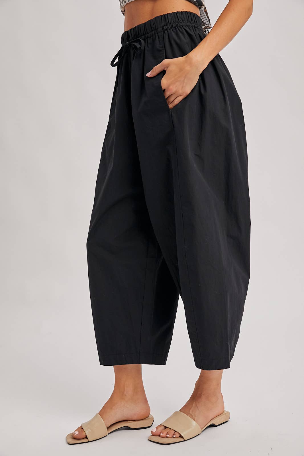 Paperbag-Style Drawstring Barrel Pants, Feathered Farmhouse