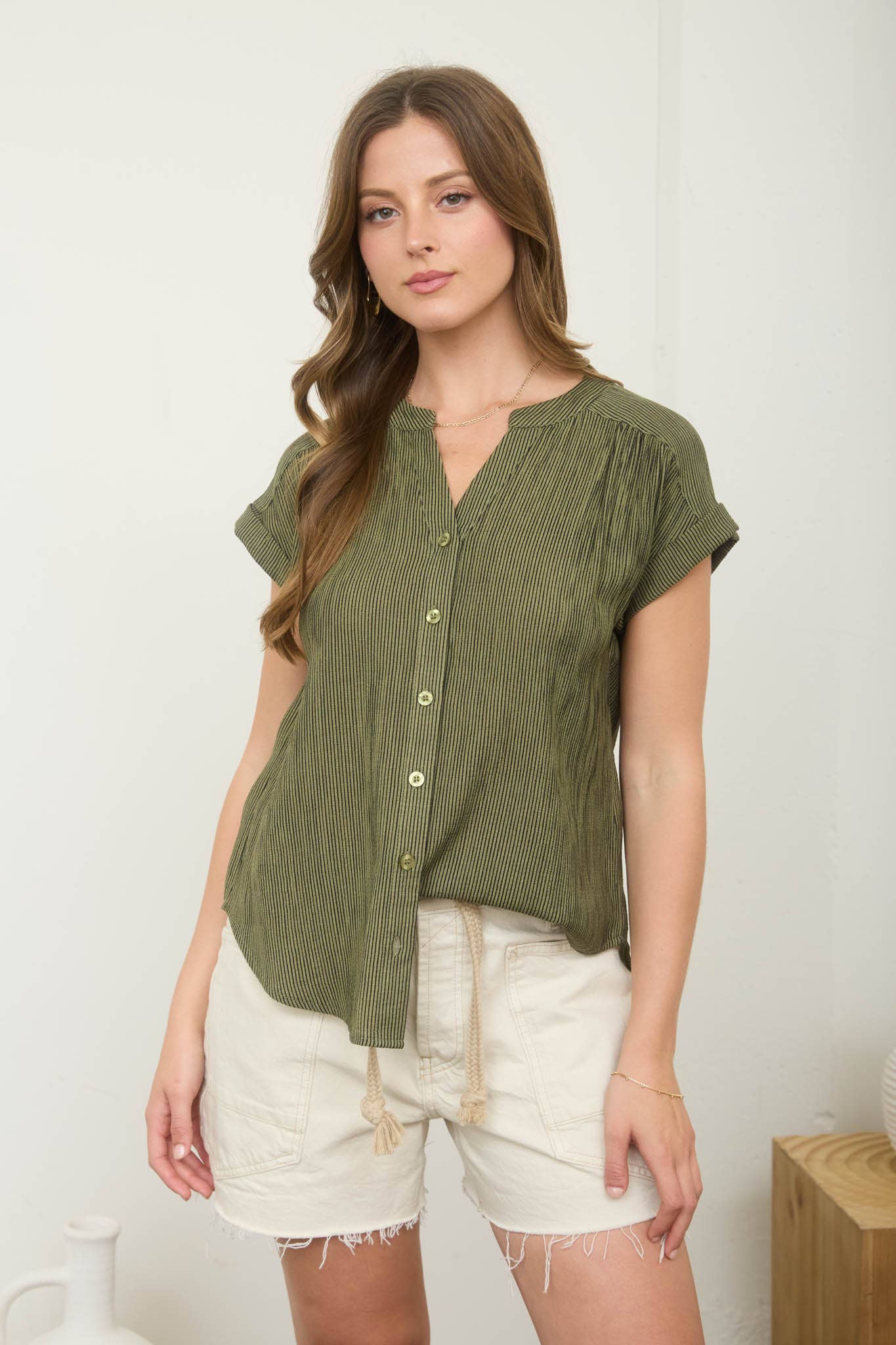 Olive Pinstripe Shirt, Feathered Farmhouse