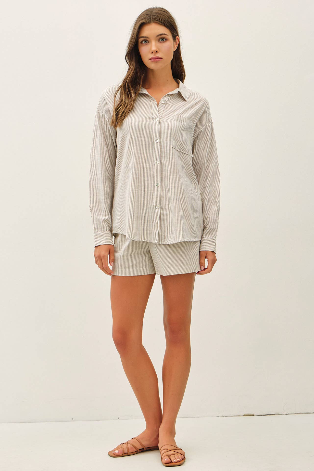 Hairline Stripe Button Down Shirt, Feathered Farmhouse