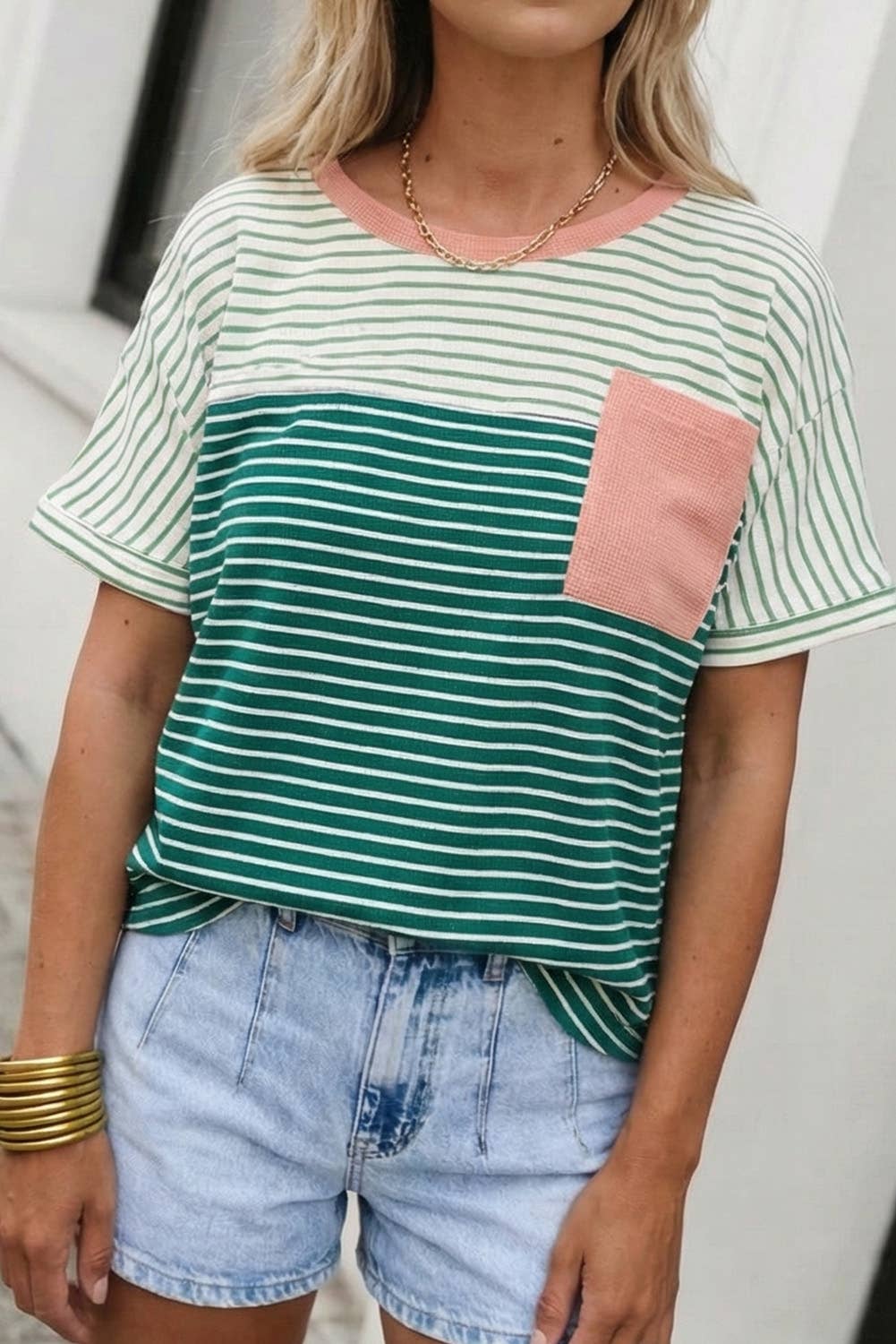Striped Print Color Block Detail Relaxed Tee, Feathered Farmhouse