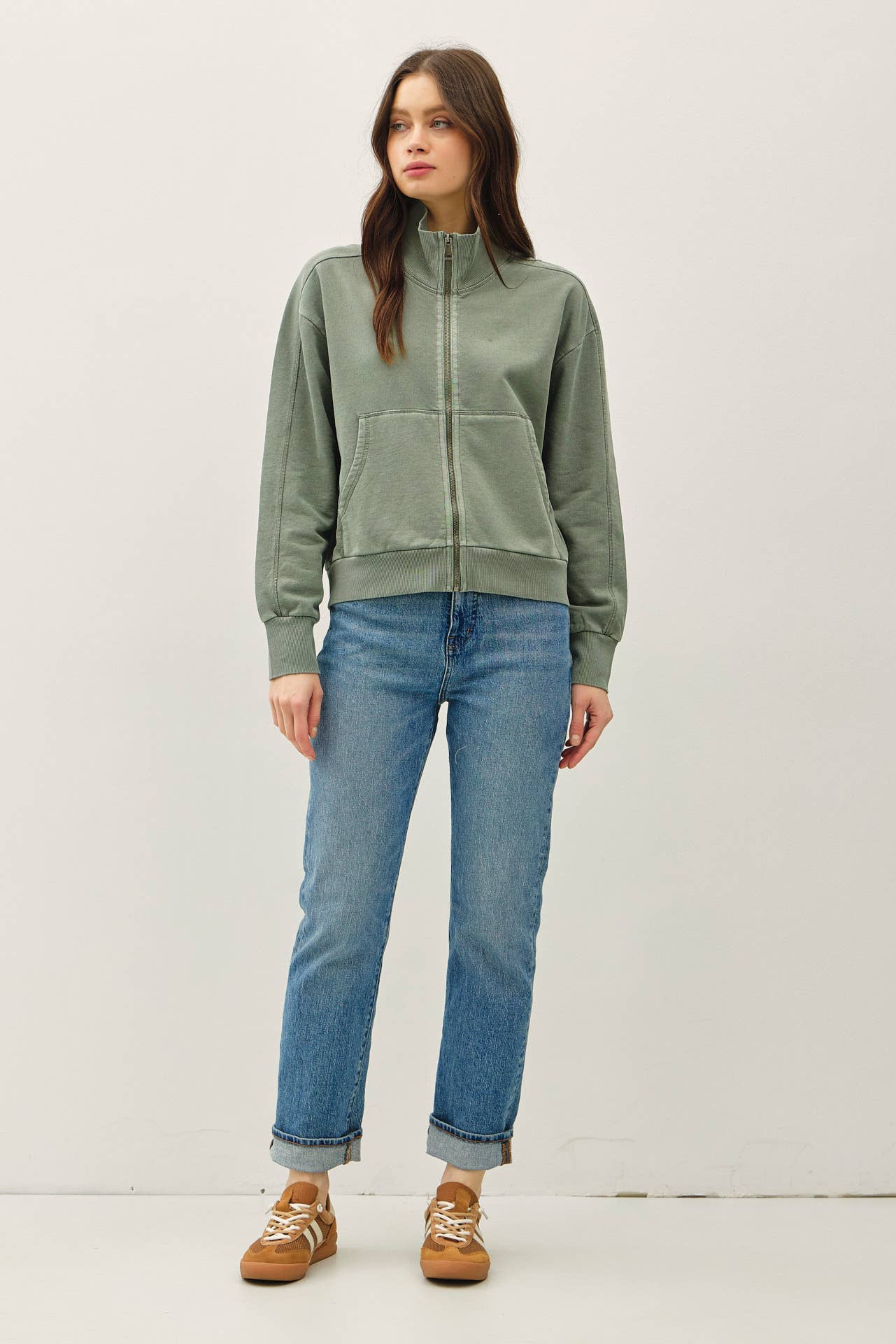 Sage Acid Wash Zip Up, Feathered Farmhouse