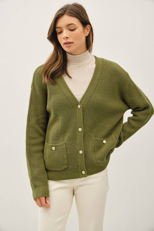 Olive Varsity Style Cardigan, Feathered Farmhouse