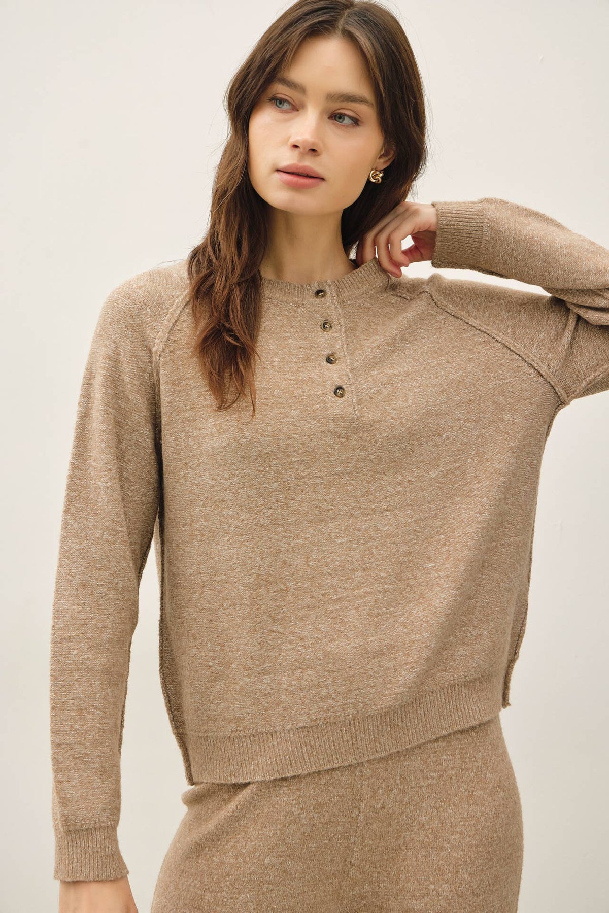 Latte Alpine Ultra Cozy Henley Sweater Top, Feathered Farmhouse
