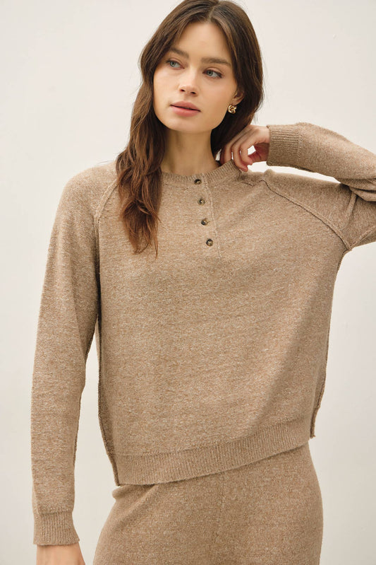 Latte Alpine Ultra Cozy Henley Sweater Top, Feathered Farmhouse