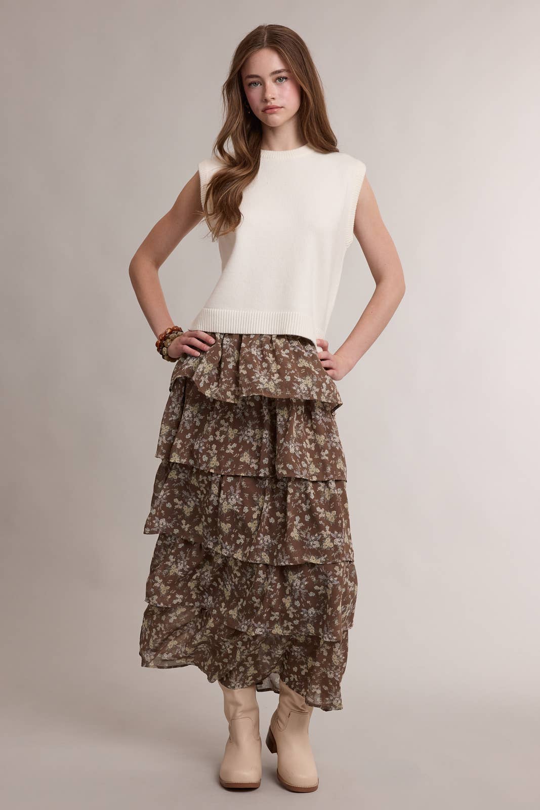 Ditsy Floral Ruffle Tiered Maxi Skirt, Feathered Farmhouse