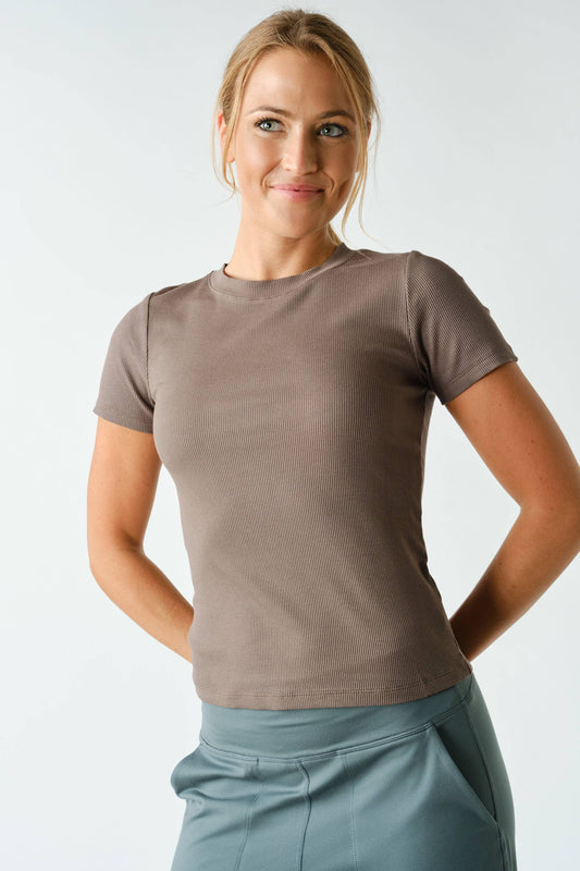 Truffle Essential Short Sleeved Micro Ribbed Top, Feathered Farmhouse
