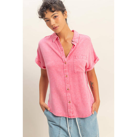 Mineral Wash Button-Up Dolman Sleeve Shirt, Feathered Farmhouse