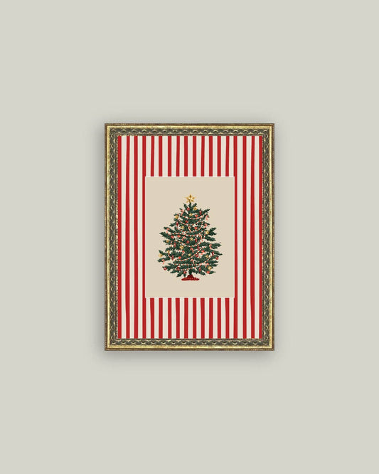 Peppermint Stripe Tree Framed Antique Art, Feathered Farmhouse