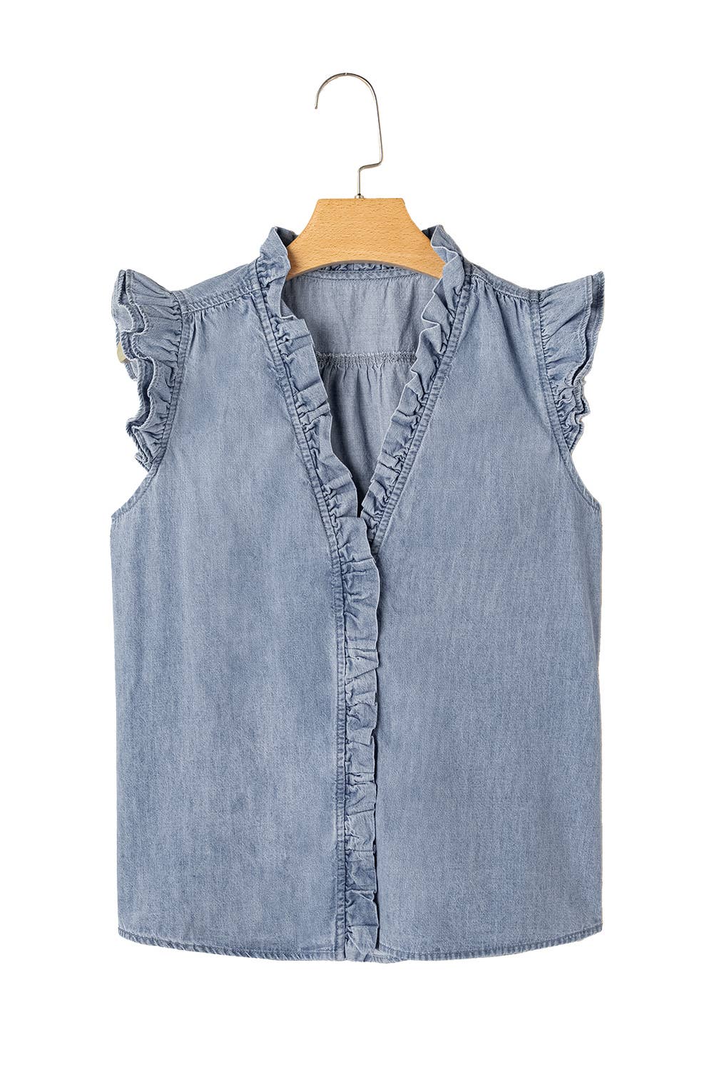 Ruffle Trim Chambray Tank Top, Feathered Farmhouse