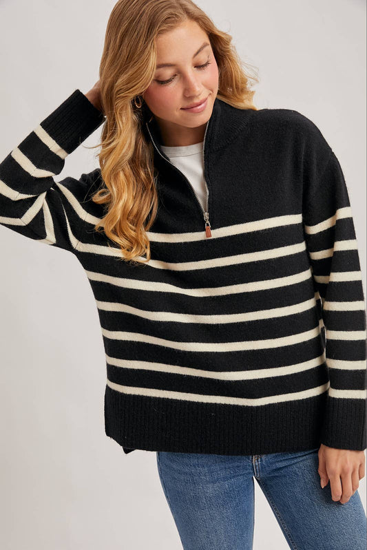 Quarter Zip Up Stripe Sweater, Feathered Farmhouse