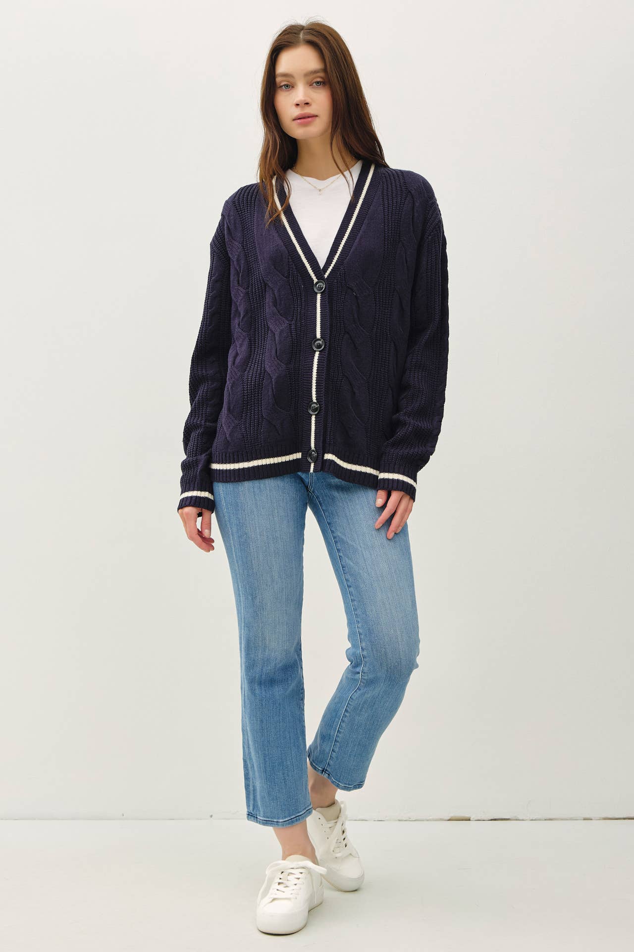 Varsity Style Cardigan, Feathered Farmhouse