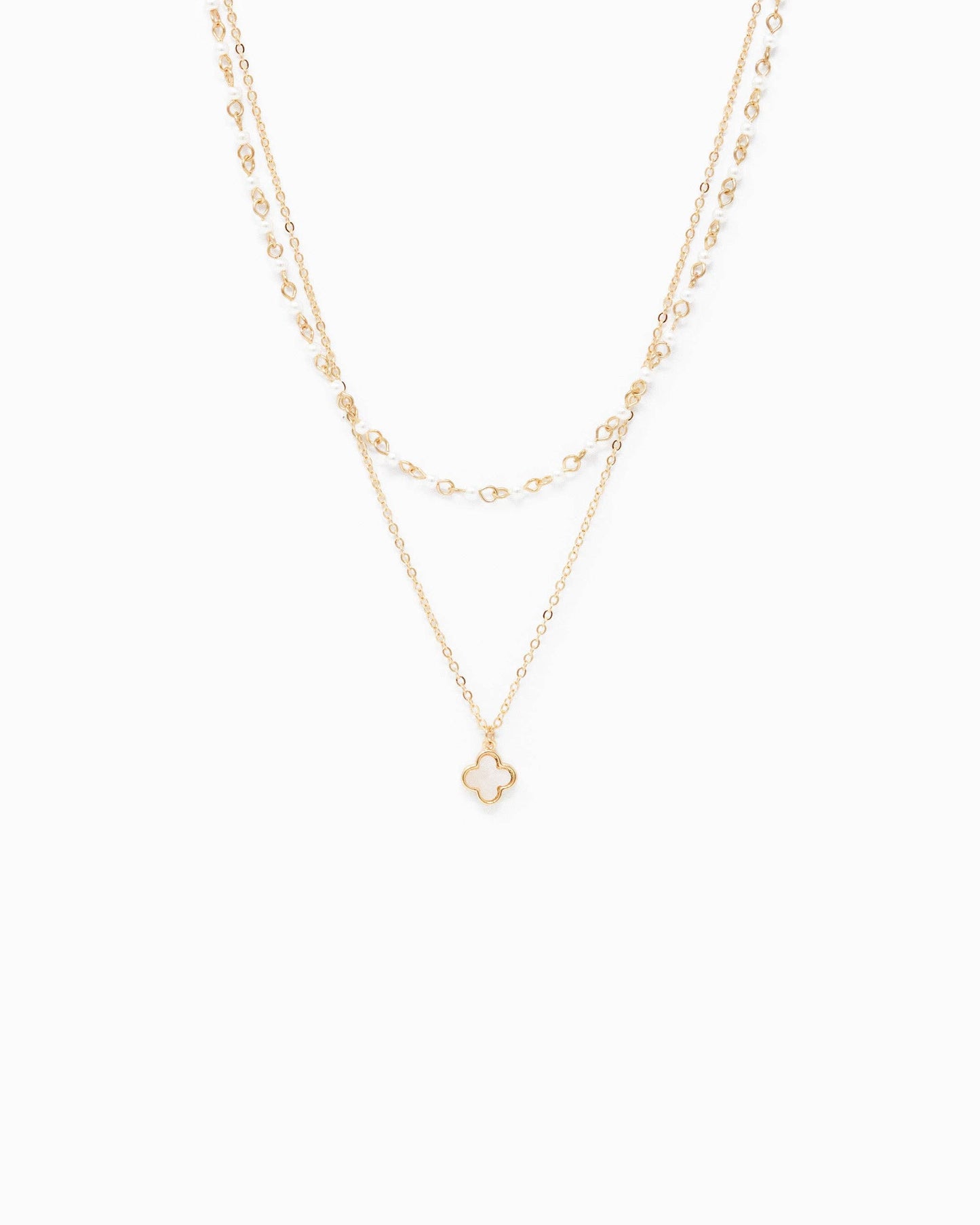 Double Layered Clover Necklace with Pearl Chain Necklace