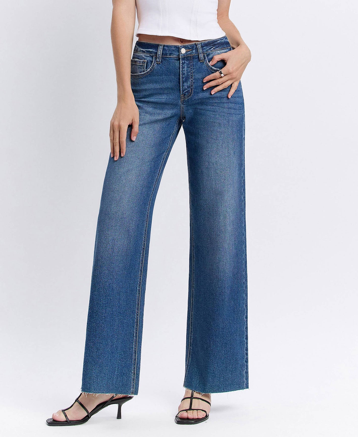 High Rise Clean Cut Raw Hem Jeans, Feathered Farmhouse
