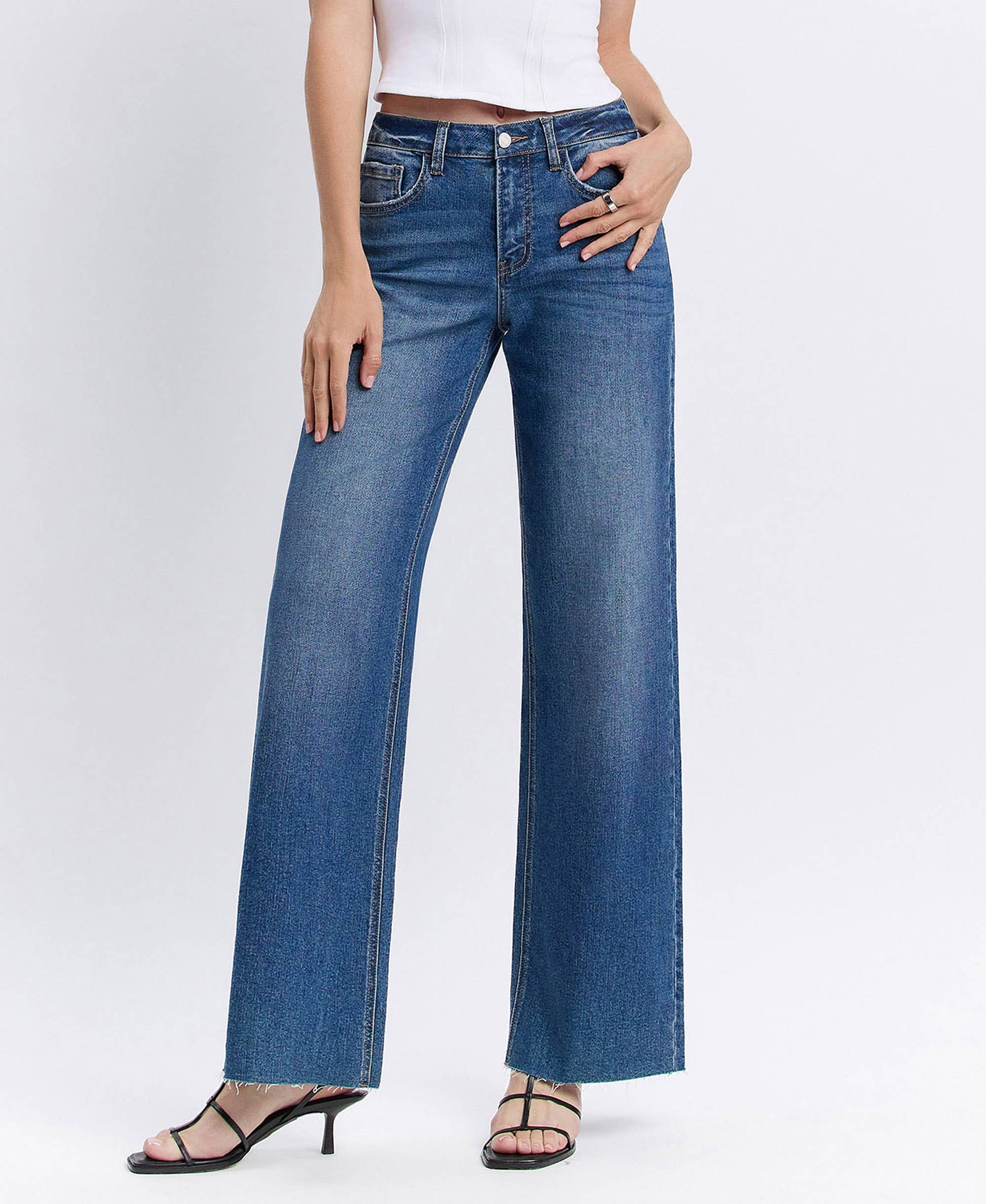 High Rise Clean Cut Raw Hem Jeans, Feathered Farmhouse