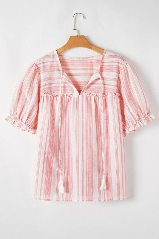 Plus Size Tassel Tie Ruffle Spring Blouse, Feathered Farmhouse