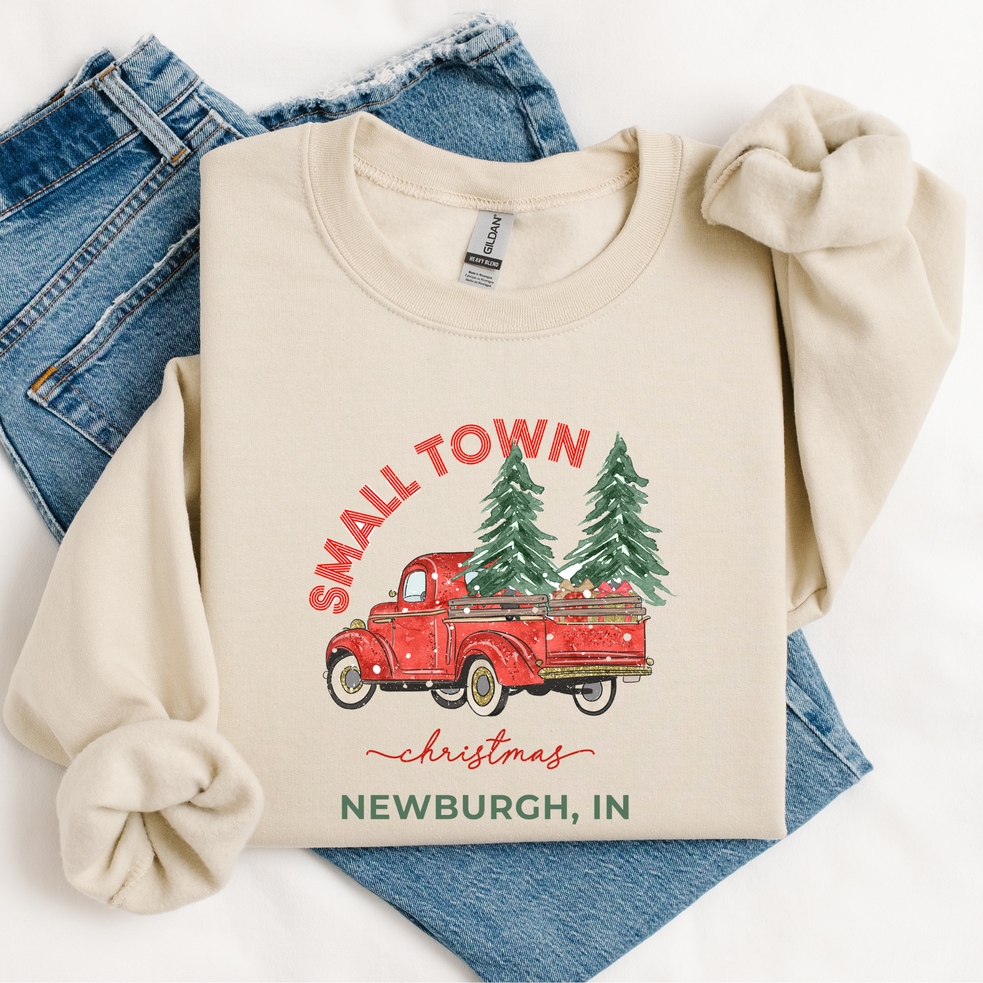 Small Town Sigourney Christmas Crewneck, Feathered Farmhouse