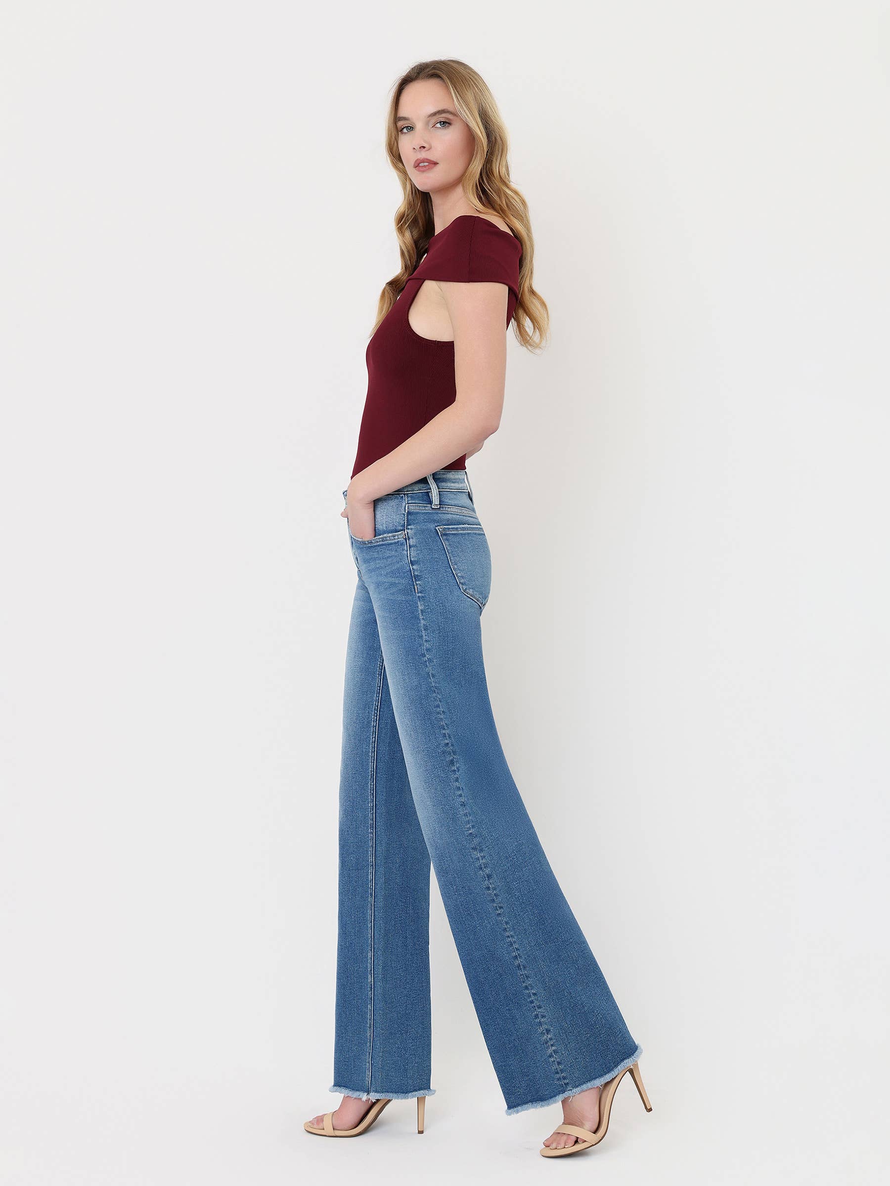 Mid Rise Raw Hem Wide Leg Jeans, Feathered Farmhouse