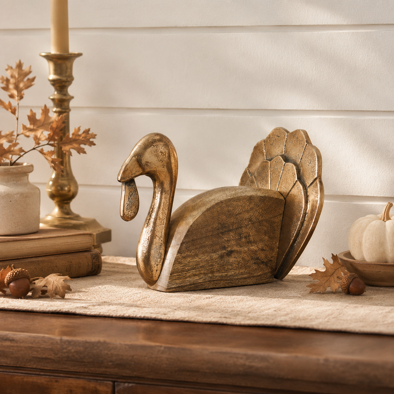 Wooden Turkey w/ Burnished Gold, Feathered Farmhouse