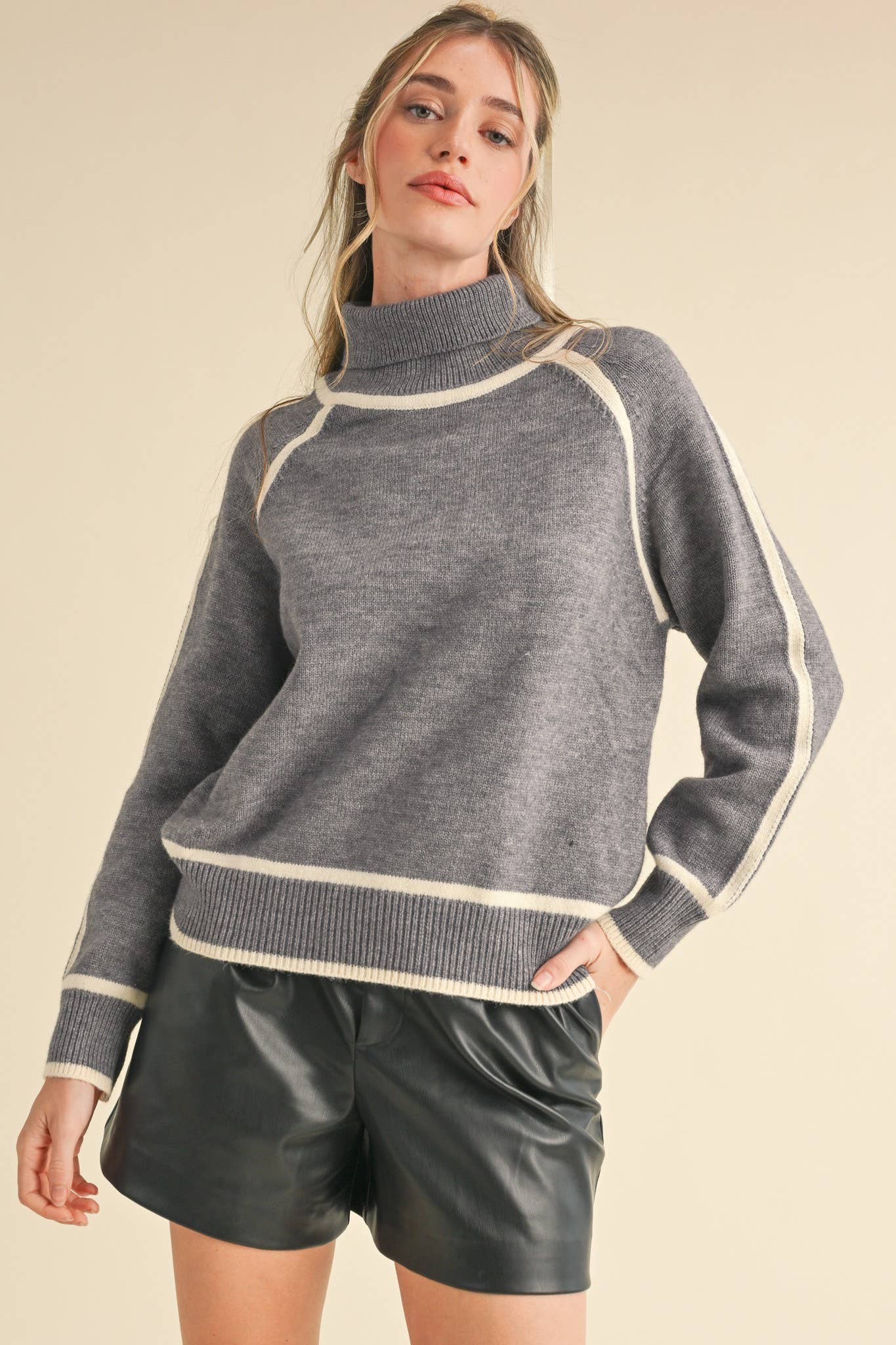 Contrast Trim Turtleneck Sweater, Feathered Farmhouse