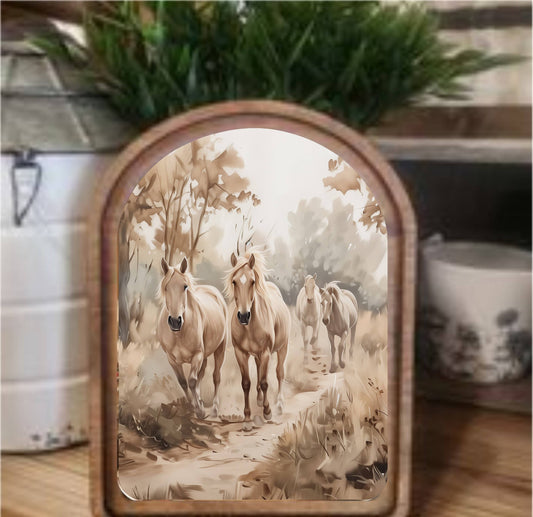 Muted Horses Framed Art Arch Top, The Feathered Farmhouse