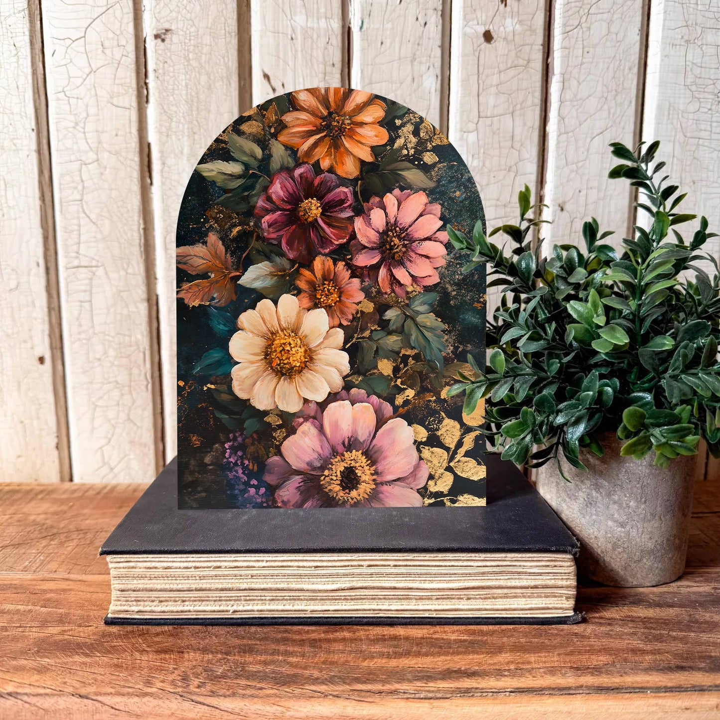 Moody Colorful Floral Arched Shelf Sitter, Feathered Farmhouse