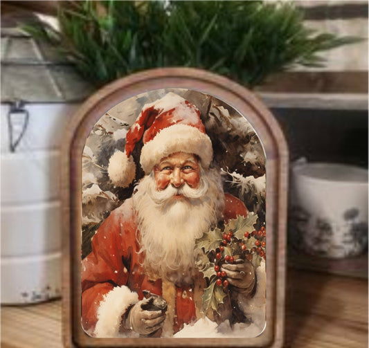 Santa With Holly Framed Art Arch Top, Feathered Farmhouse