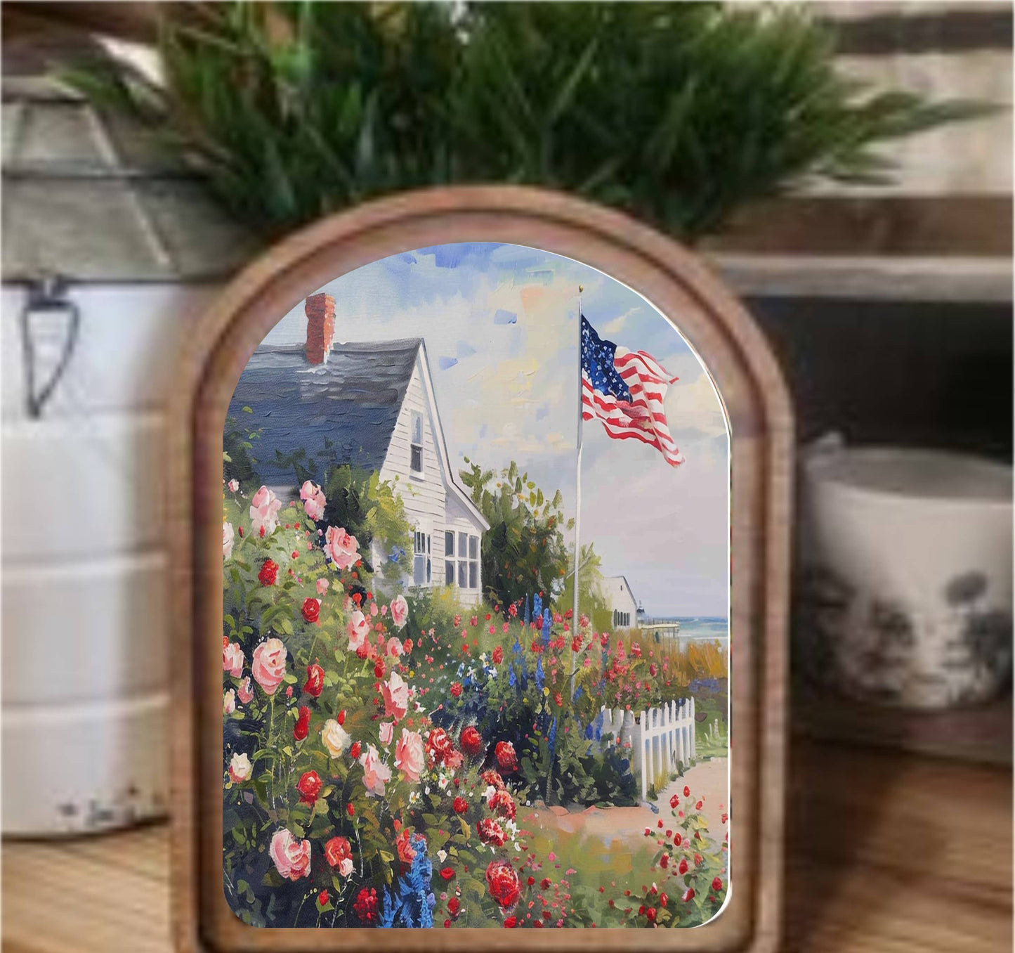Patriotic Beach House Framed Art Arch Top, Feathered Farmhouse
