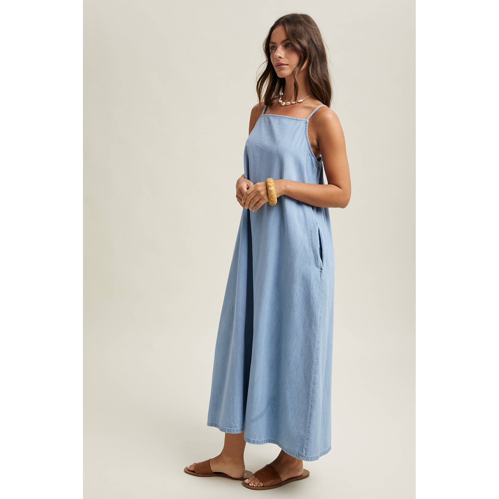 Denim Chambray Maxi Dress, Feathered Farmhouse