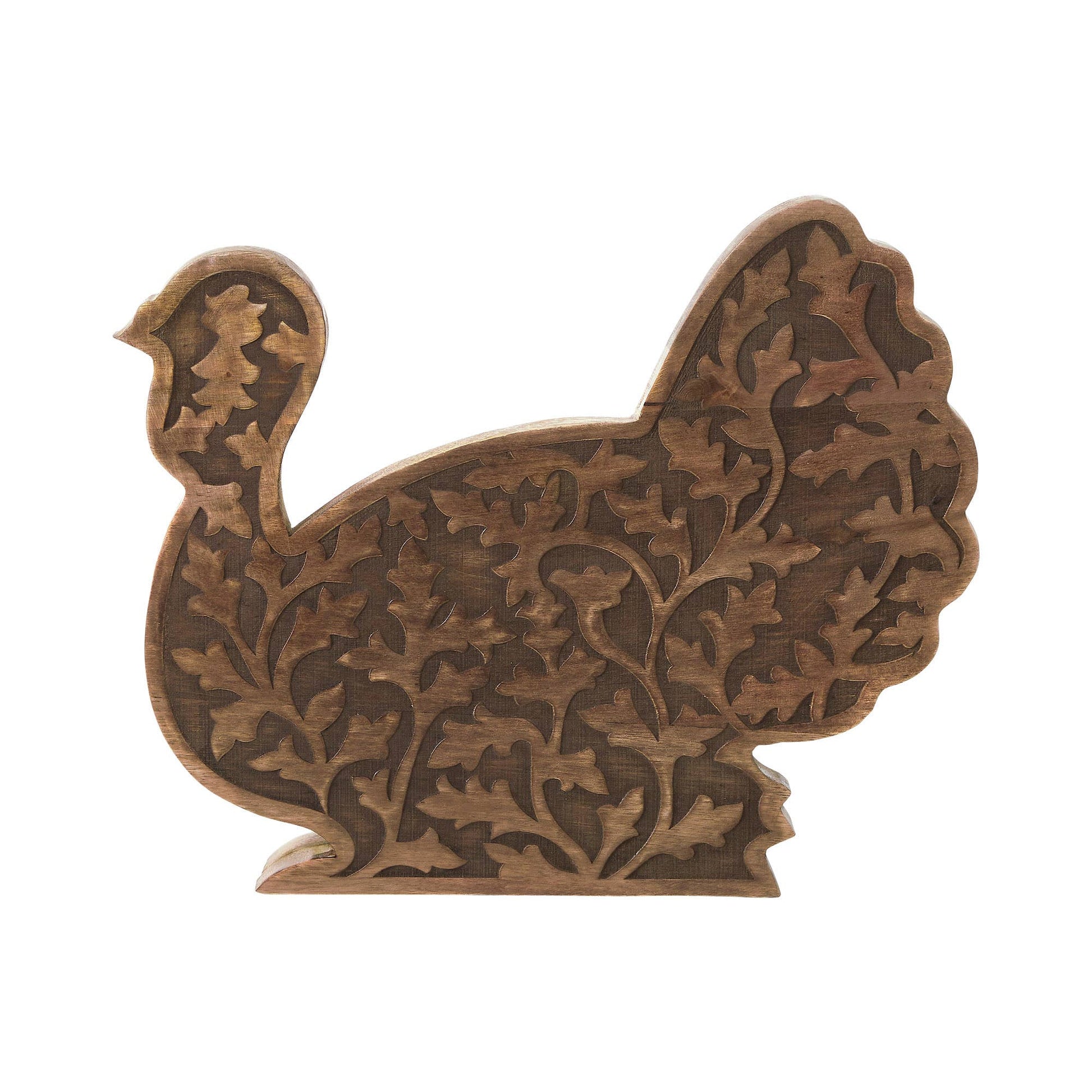 Dark Wood Carved Turkey Figurine, Feathered Farmhouse