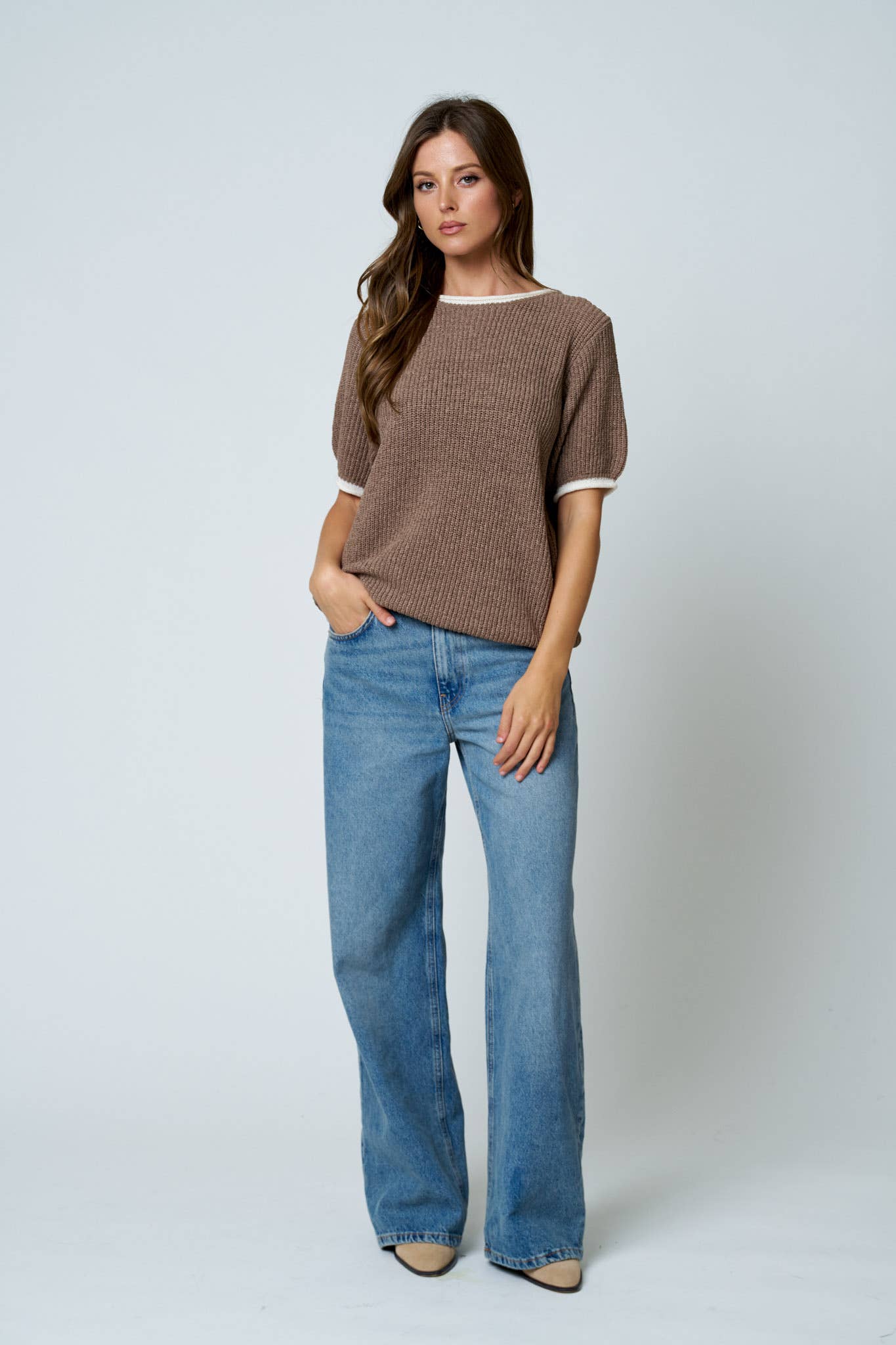 Contrast Trim Puff Sleeve Ribbed Knit Sweater, Feathered Farmhouse