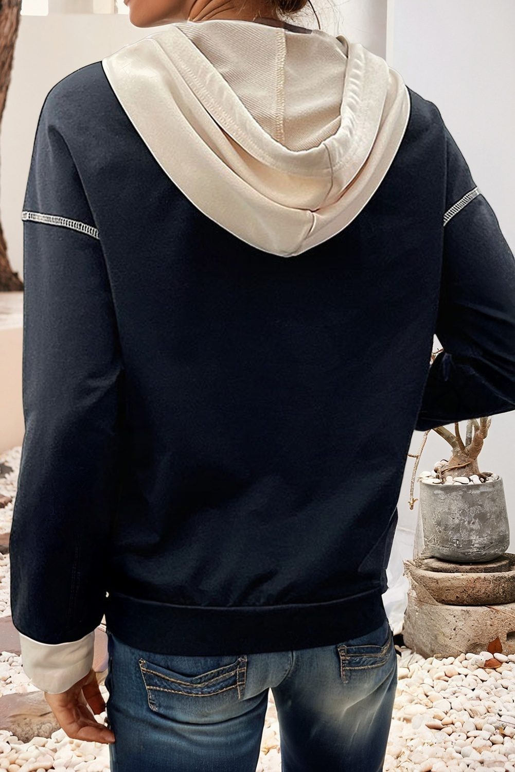 Contrast Seam Color Block Hooded Sweatshirt, Feathered Farmhouse