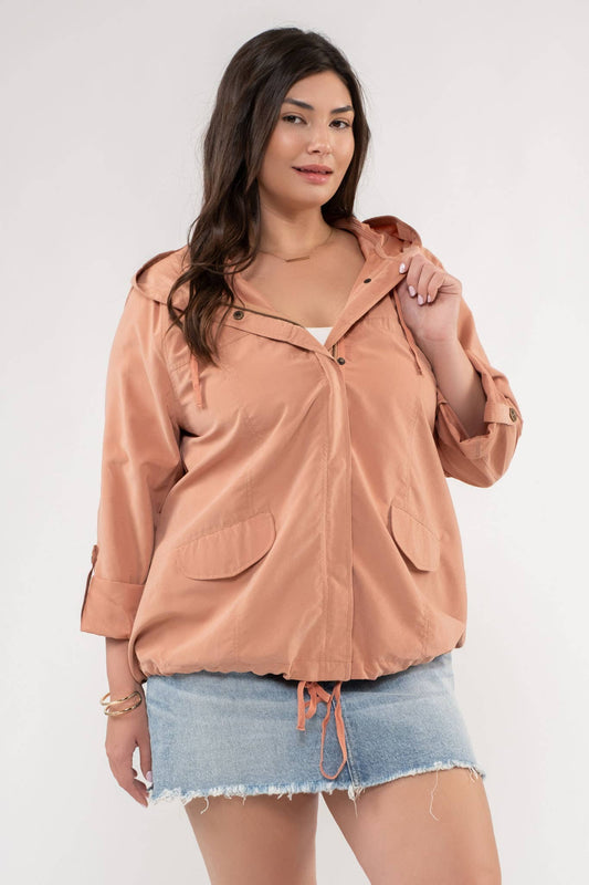 Snap Button Zip Up Hooded Jacket, Feathered Farmhouse